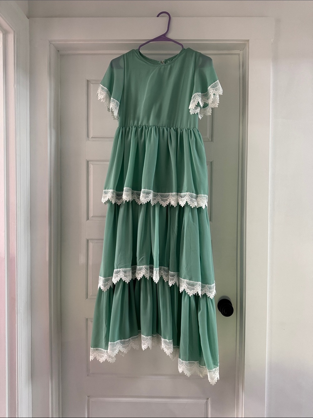 Kids Sage Green Tiered Lace-Trim Dress